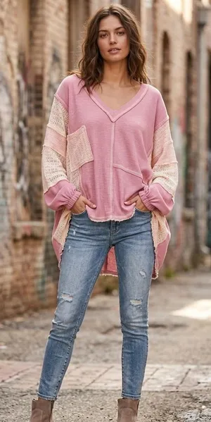POL Womens‎ Pink Patchwork Waffle Knit Crochet Lace V-Neck Oversized Top Medium thumbnail 1