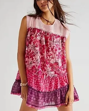 Free People Angelica Printed Tunic Mesh Top Pink Floral Blouse Sleeveless XS/TP thumbnail 1