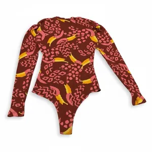 Farm Rio Toucanissimo Long Sleeve Stretch Cotton Bodysuit Size S‎ Burgundy thumbnail 3