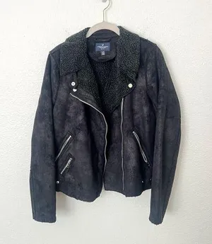 [American Eagle Outfitters] Black Shearling Faux Suede Moto Jacket Size Medium M thumbnail 1