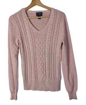Chaps Light Pink Shimmer Metallic V-Neck‎ Cable Knit Sweater S thumbnail 1