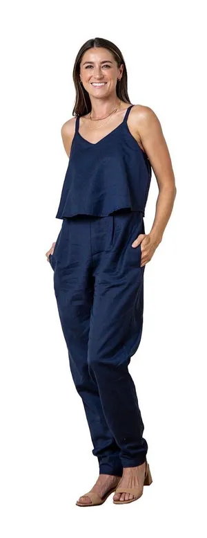 Hope & Henry Navy Blue Cotton and Linen Blend Faux Top Jumpsuit thumbnail 1