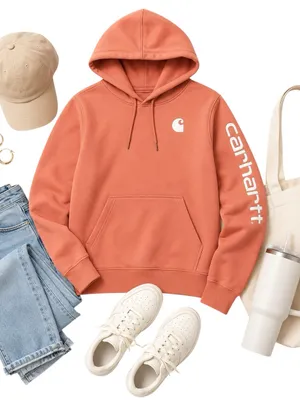Carhartt Rose Clay Logo Sleeve Hoodie XS Relaxed Fit Pullover Sweatshirt Top EUC thumbnail 2