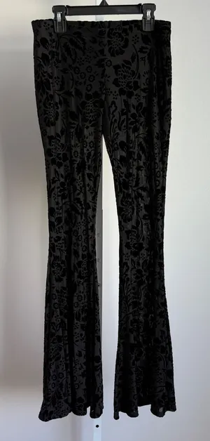 Rush Black Velvet Burnout sz S Witchy Goth Floral Bell Bottom‎ Pants Flowy Boho thumbnail 1