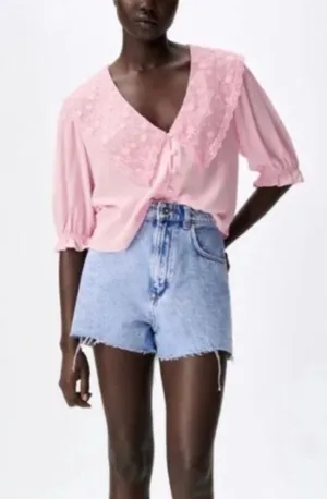 NWT  Light Pink Peter Pan Collared Flowy Crop Top thumbnail 2