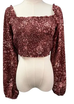 Altar’d State Vaella Smocked Floral Top in Burgundy Long Sleeve‎ Cropped medium thumbnail 1