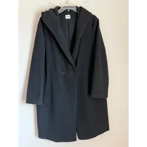 Zara Hooded Top Coat Oversized Womens Med Black Long Sleeve Button Front Ovecoat thumbnail 2