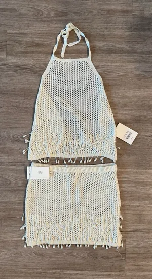 NWT Peppermayo Scorpio Crochet Halter Top (S/M) and Mini Skirt (M/L) in Ivory thumbnail 1