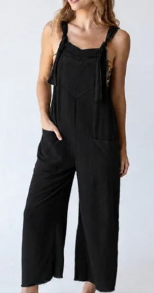 Natural Life NWT Black Tie Strap Linen Blend Wide Leg Jumpsuit Overalls Small thumbnail 1