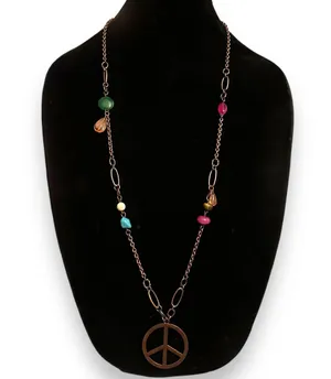 Copper tone chain and stationed bead peace pendant necklace thumbnail 1