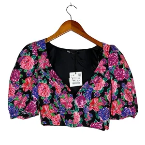 NWT ZARA Floral Cropped Top Plunging Neck Puff Half Sleeves S Black Pink Purple thumbnail 14