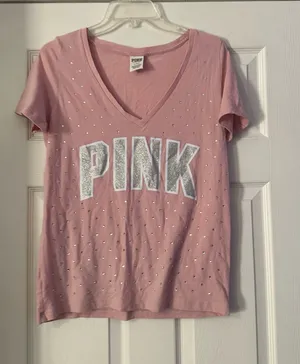 PINK Victoria's Secret Light Pink V-Neck Tee with Silver Studs is a size Medium. thumbnail 1