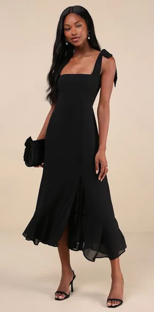 Lulus Summer Invite Black Tie-Strap Tiered Midi Dress Bridesmaid Holiday Small thumbnail 1