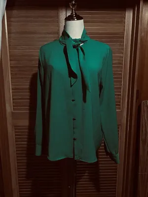 ZARA Green Chiffon Polyester Collared Tie Neck Button Blouse Long Sleeve M thumbnail 5
