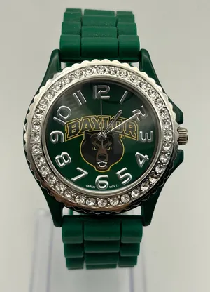 Green Baylor Bears Silicone Watch featuring a Rhinestone Bezel Working thumbnail 1