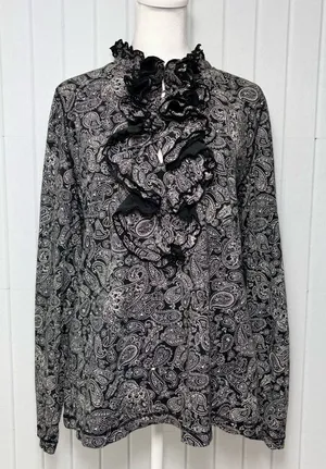 Ralph Lauren Black White Paisley‎ Ruffle Front Long Sleeve Cotton Blouse Size XL thumbnail 1