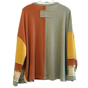 Easel Daisy Patchwork Top Multicolor Boho Waffle Knit Long Sleeve Women‎ Small thumbnail 5