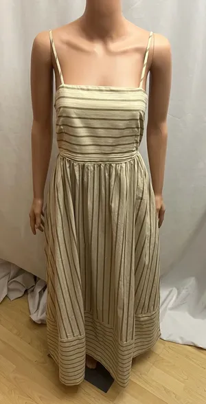 Womens M Beige Striped Cotton Maxi Sundress Cutout Back Pockets Boho thumbnail 1