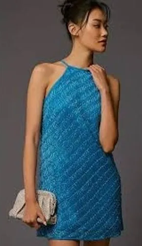 Let Me Be Women Dress XS Blue Beaded Halter Mini Sleeveless Shift Cocktail thumbnail 1