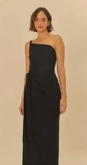 NWOT Farm Rio Linen Blend Black One Shoulder Bow Smocked Wrap Maxi Dress Sz M thumbnail 2