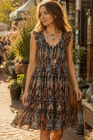Anthropologie Lili's Closet Sibylline Ikat Tiered Ruffle Dress Womens Small Boho thumbnail 1