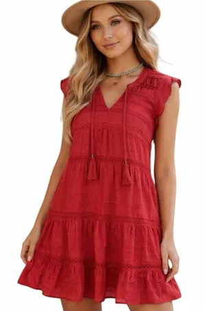 Knox Rose Red Boho Cotton Tiered Mini Dress Crochet Lace Tassel Tie Medium thumbnail 1