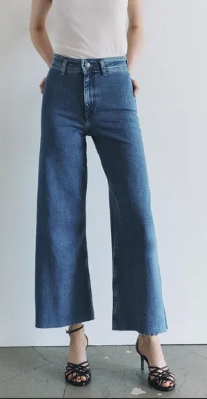 Zara Marine High Rise Frayed Hem Denim Wide Leg Jeans Blue 8 thumbnail 1