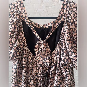Aletta Flowy Babydoll Dress Sz Med Mini Black Floral Puff Short Sleeve NWT thumbnail 7