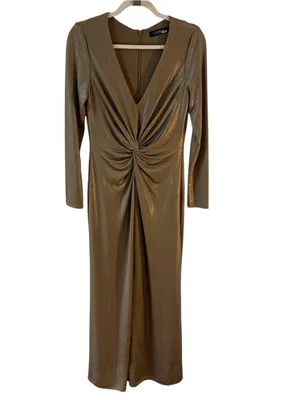 Lauren Ralph Lauren Nadira Metallic Gold Twist Front Gown Dress Size 6 thumbnail 10