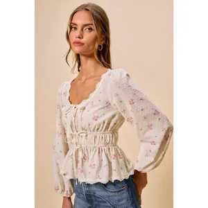 SO ME Floral Clip Dot Lace Trim Ruched Bodice Blouse - White - Medium thumbnail 11