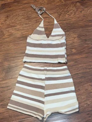 Princess Polly Women’s Isla halter top and shorts set in brown summer stripes thumbnail 3