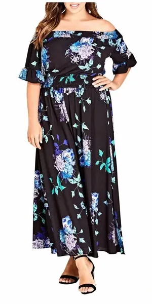 City Chic Suzu Floral Maxi Off the Shoulder Dress Black Plus Size‎ 22 thumbnail 1