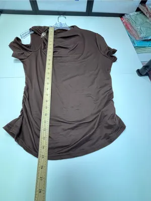 SHEIN Brown Asymmetrical Cold Shoulder Gold Ring Detail Top Plus OXL NWOT Chic thumbnail 5