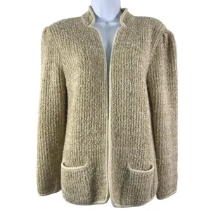 Vintage 80s Adele Joyce Boucle Cardigan Sweater Large Oatmeal Open Front Tan thumbnail 2