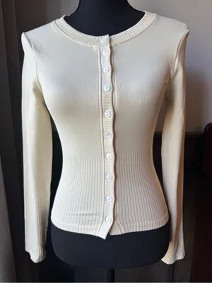 OQQ Ribbed Button-Front Long Sleeve Cardigan - Cream medium nwot thumbnail 1