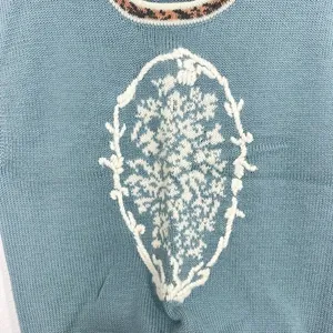 Russ Petites Blue Sweater Vest Women's Size S Floral Motif Leopard Trim‎ Knit thumbnail 5