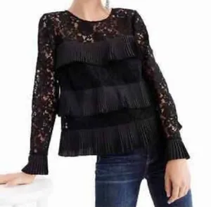 J.Crew Black Lace Tiered Ruffle Long Sleeve Blouse Romantic Chic Women’s Size 6 thumbnail 1