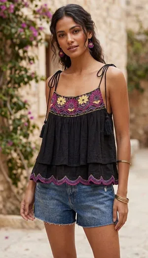 Free People Black Tiered Embroidered Tie-String Camisole thumbnail 1
