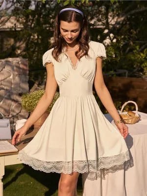 Rihoas Apricot V Neck Lace Splicing Mini Dress thumbnail 6