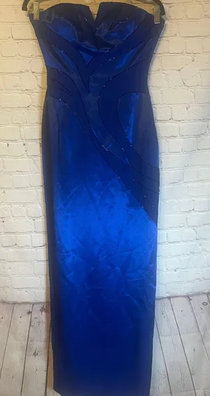 Showtime Collection Blue Satin Beaded Gown, 6 thumbnail 1