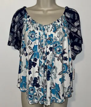 Free People Baja Babe Top Blue & Ivory Boho Floral Print Women’s Small S thumbnail 1