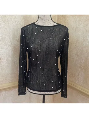 Amber Skies Pearl Embellished Sheer Mesh Top Black Cocktail Glam Whimsigoth XL thumbnail 4