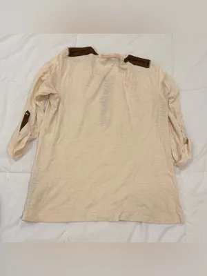 Lauren Ralph Lauren Cream Henley Top w/ Faux Suede Patches - Size L thumbnail 2