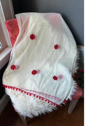 Delicate Floral Embroidered Shawl with Pom-Pom Trim thumbnail 1
