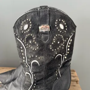 VINTAGE DINGO Embellished Silver Leather‎ Cowboy Black Heeled Boots 9 A29 thumbnail 3