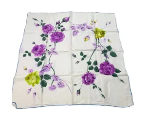 VTG white scarf, purple green floral print. 31" square. area of color transfer thumbnail 1