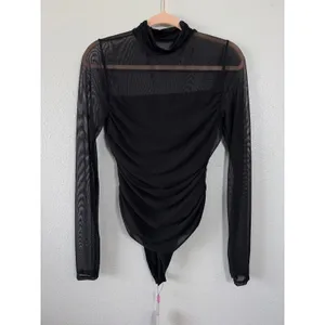 Avidlove Womens Black Mesh Ruched Long Sleeve Mock Neck Bodysuit Size Large thumbnail 4