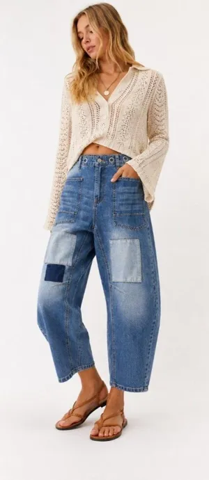 Barrel Leg Patchwork Jeans Denim Blue Cropped High Rise Size 28 Boho Indie Viral thumbnail 1