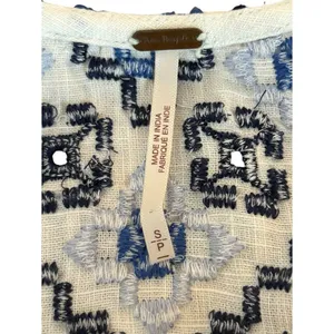Free People Joni Top Boho Embroidered Puff Sleeve Cropped White Blue Women Small thumbnail 6