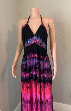Baby Phat Womens Pink Black tie dye Sexy Flowy Maxi Halter Stretch 2X Dress #196 thumbnail 6